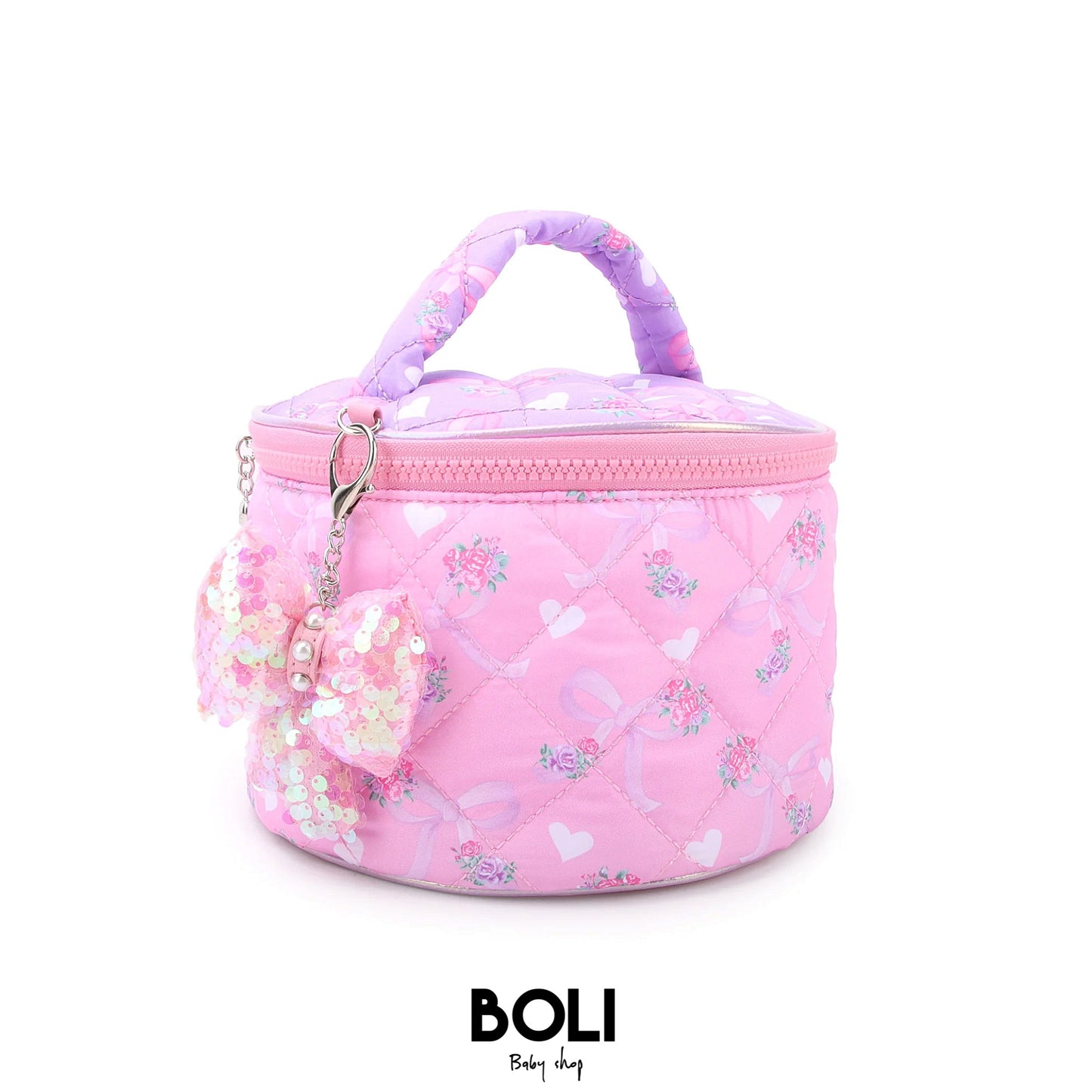 Quilted Floral Bow Round Glam Bag with Charm