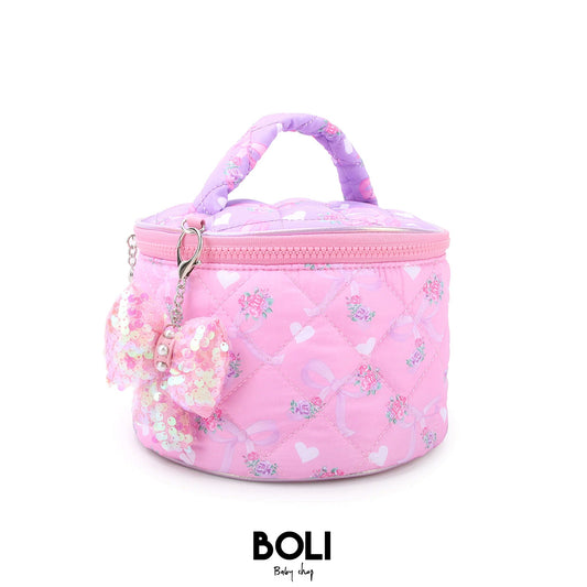 Quilted Floral Bow Round Glam Bag with Charm