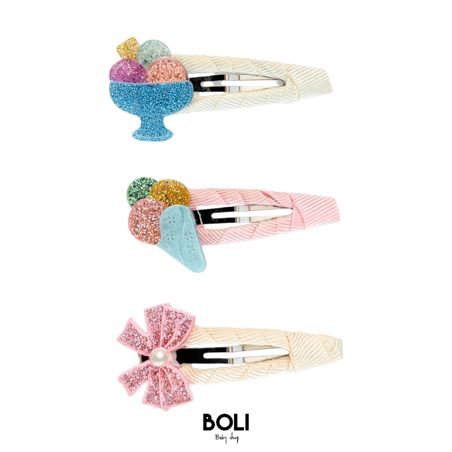 Ice Cream Triple Scoop & Bow Snap Clips