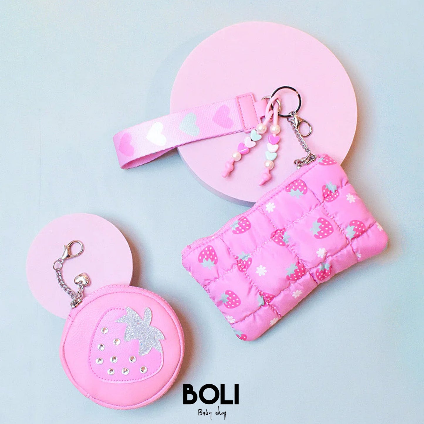 Quilted Scrunchies Strawberry 3 Piece Coin Purse Keychain Set