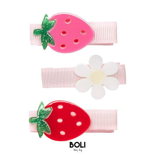 Little Strawberry Daisy Pink and Red Hair Clips